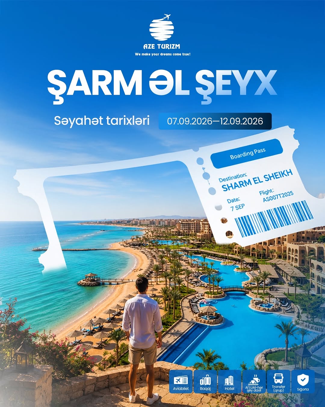 Sentyabrda dəniz tətili planlayanlar üçün 07.09.2026 – 12.09.2026 tarixlərində 6 gün 5 gecəlik Şarm Əl Şeyx turunu təqdim edirik.✈️🌊