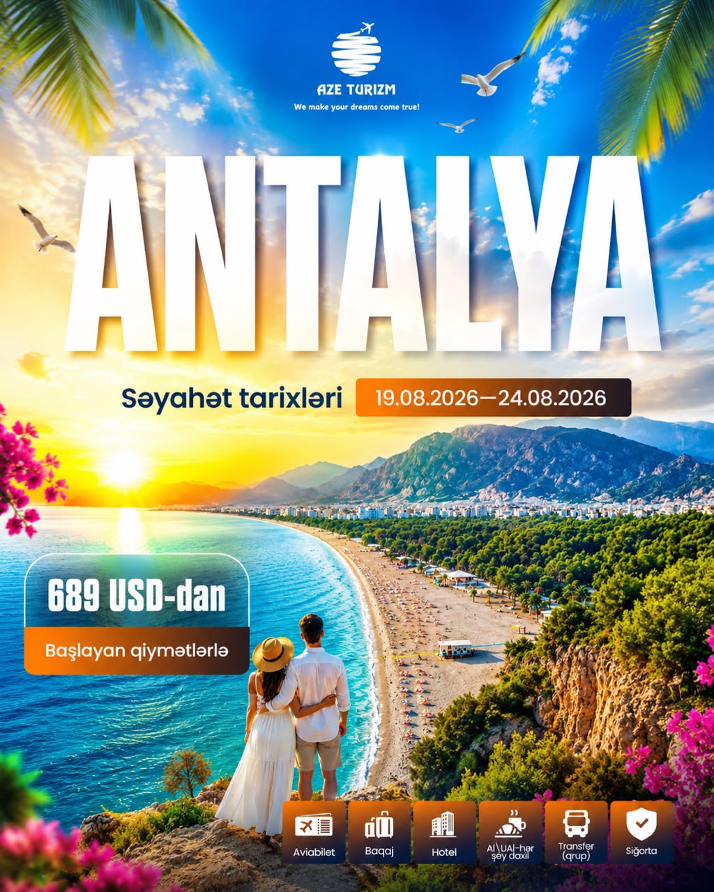 Avqustda Aralıq dənizi sahillərində istirahət planlayanlar üçün 19.08.2026 – 24.08.2026 tarixlərində 6 gün 5 gecəlik Antalya turunu təqdim edirik. ✈️🌴