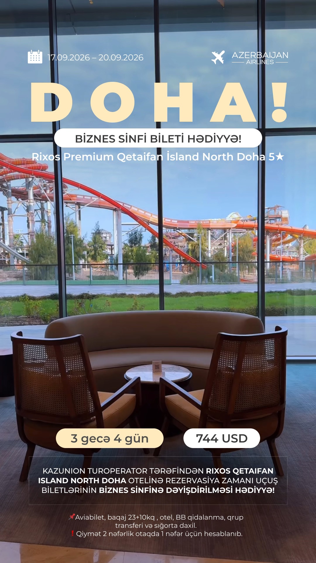 RIXOS QETAIFAN ISLAND NORTH DOHA OTELİNƏ REZERVASİYA ZAMANI UÇUŞ BİLETLƏRİNİN BİZNES SİNFİNƏ DƏYİŞDİRİLMƏSİ HƏDİYYƏ!