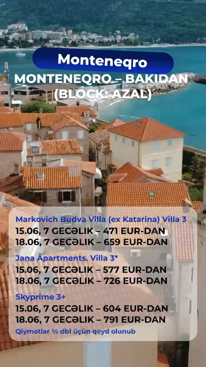 ☀️🍧 *Monteneqro — asan və rahat! Ölkənin ən sevilən kurortu olan Budvada sizin ideal istirahətiniz üçün hər zaman zəmanətli otaqlarımız var.*